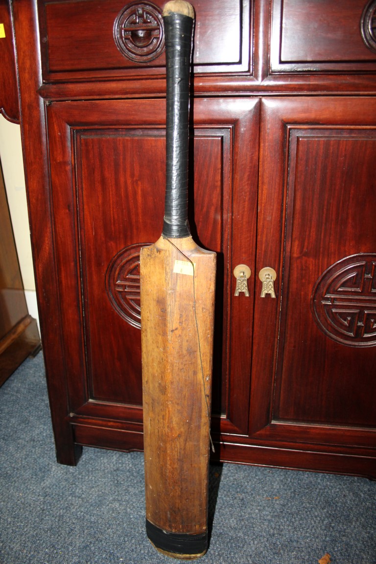 A vintage Gradidge cricket bat; with cricket ball; and vintage stitched leather football. - Image 8 of 9