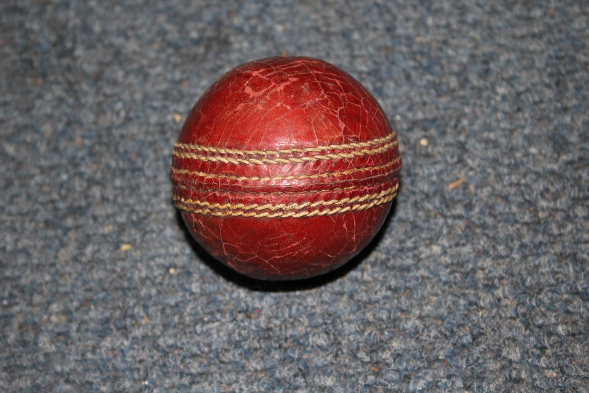 A vintage Gradidge cricket bat; with cricket ball; and vintage stitched leather football. - Image 3 of 9