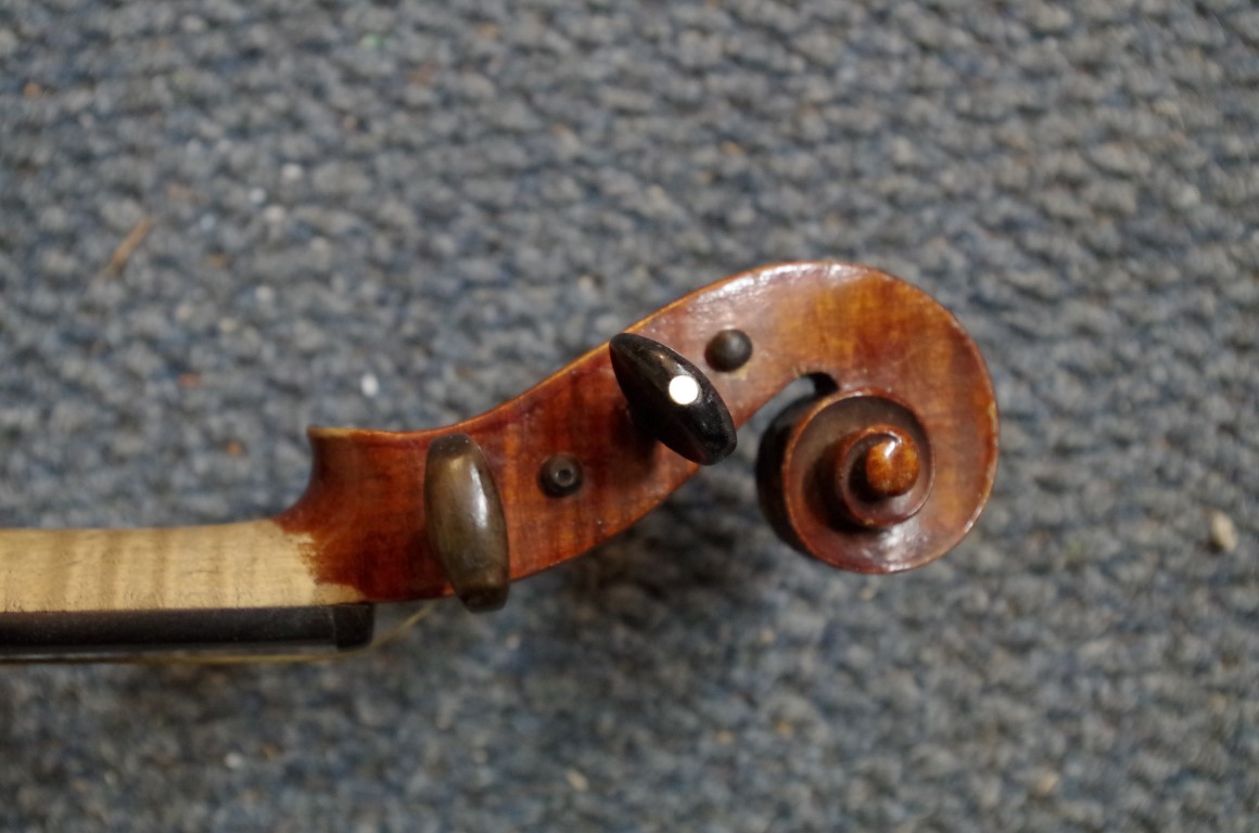 An early 20th century German violin, with 12 1/2in back, with bow and case. - Image 7 of 7