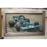 Frank K Caunce, 'Jackie Stewart, Tyrrell-Ford', signed and dated 1971, oil on board, 32 x 60cm.