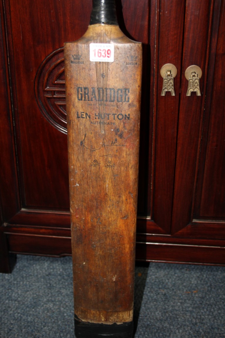 A vintage Gradidge cricket bat; with cricket ball; and vintage stitched leather football. - Image 6 of 9