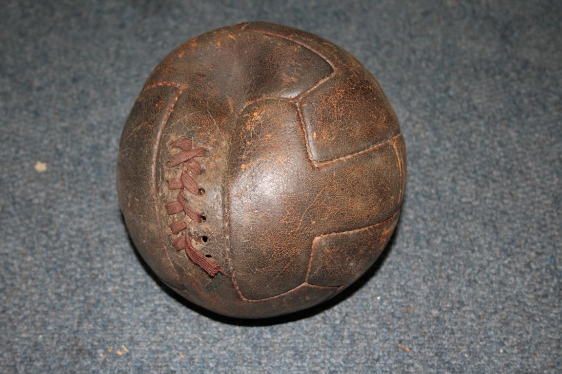 A vintage Gradidge cricket bat; with cricket ball; and vintage stitched leather football. - Image 4 of 9