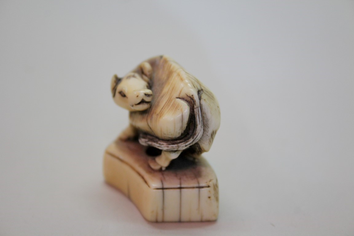 A Japanese carved ivory seal type netsuke of a cow, 18th century, 4.8cm wide. - Image 3 of 12