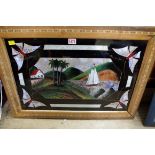 A reverse glass painted and butterfly wing picture, 38.5 x 58.5cm.