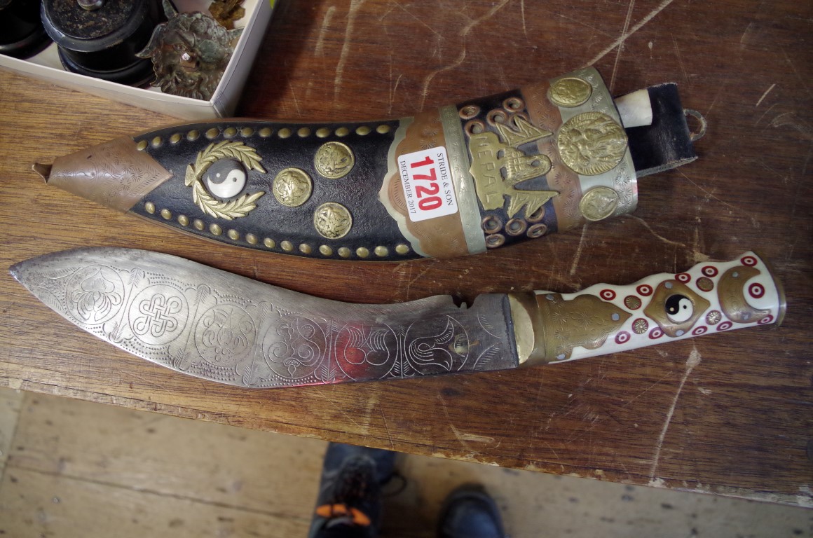 A Nepalese kukri and scabbard, with inlaid bone handle. - Image 2 of 3