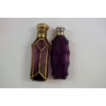 An amethyst faceted perfume bottle, having gilt decoration and metal hinged lid, 8.