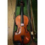 A Continental violin, with single piece 14in back, with two bows and ebonized case.