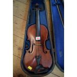 J T L, 'Medio-Fino' violin, with single piece 14in back, with bow and ebonized case.