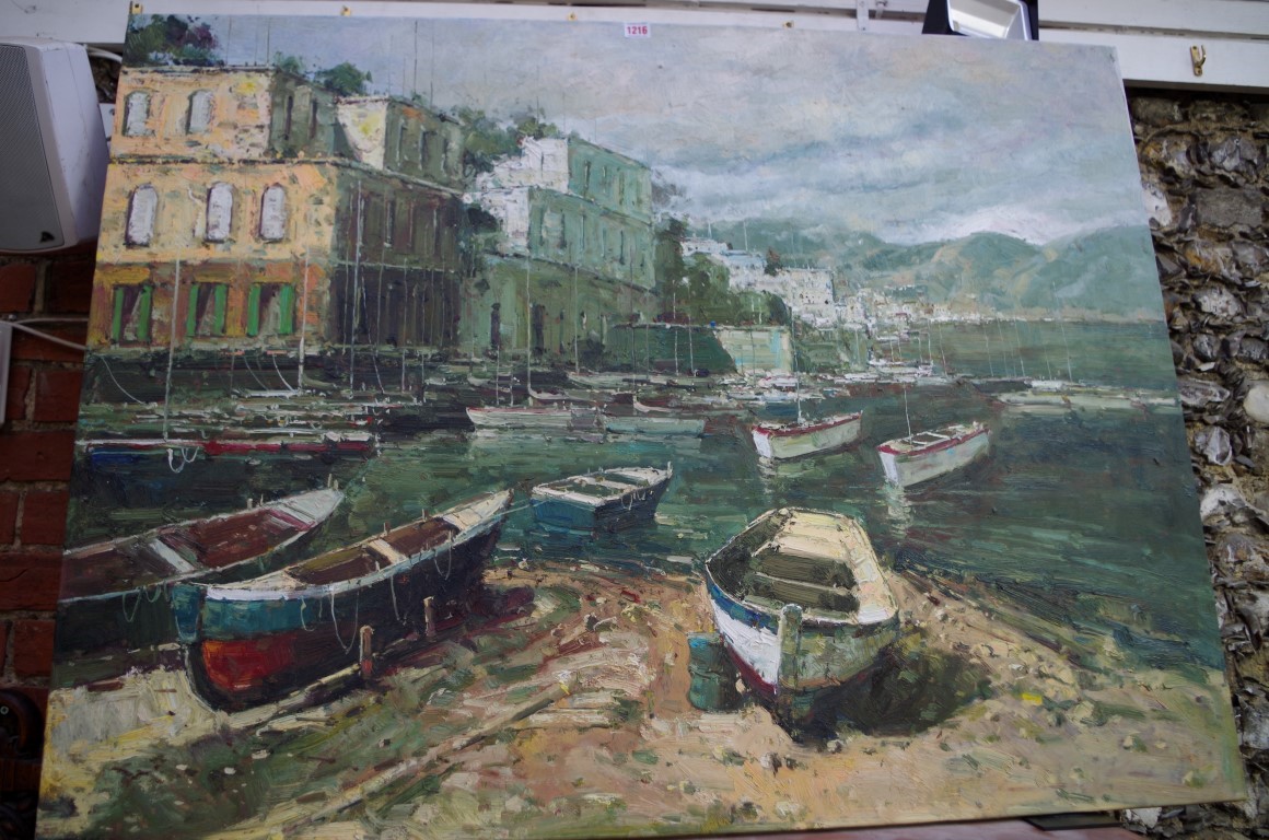 European School, a Mediterranean harbour, unsigned, oil on canvas, 91 x 121.5cm, unframed.