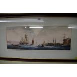 Ken Hammond, sailing vessels by a harbour, signed, acrylic, 25.5 x 71cm.