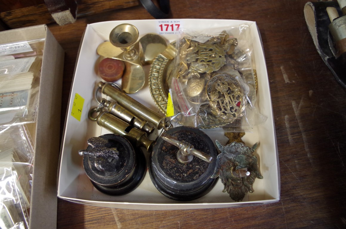 A mixed lot, to include: military badges, Acme whistles, etc.