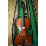 WITHDRAWN FROM SALE A violin, with 14in back, with two bows, hard case and canvas outer bag.