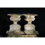 Garden urns/Planters: A pair of carved veined white marble urns, 19th century, on associated plinths