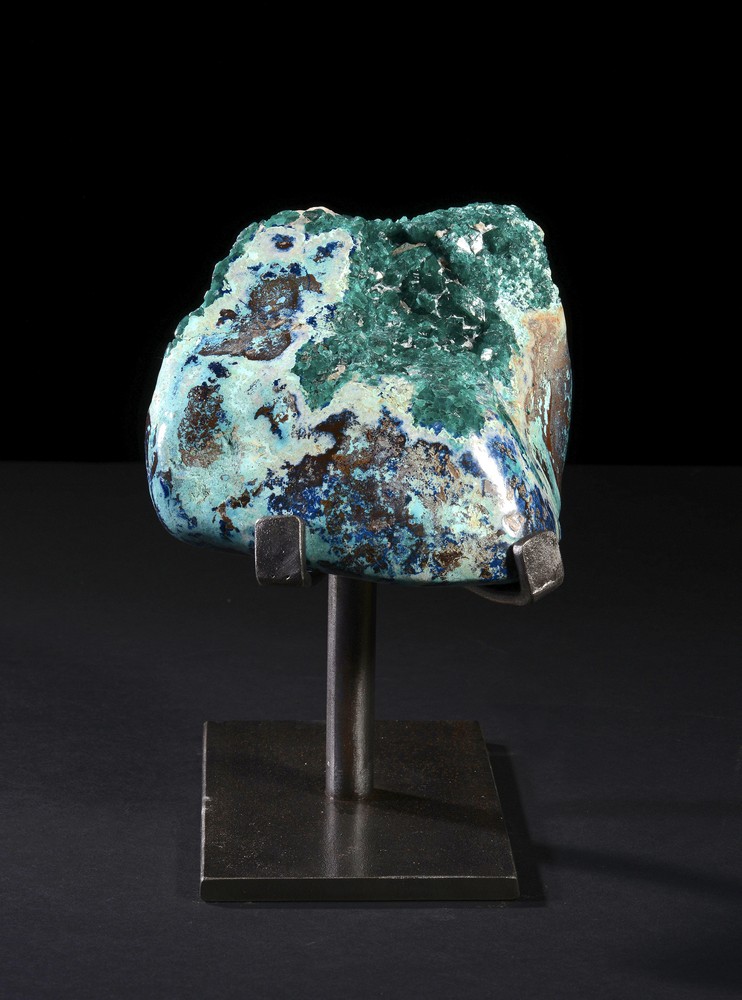 Mineral:Dioptase crystals on steel standNamibia22cm.; 8¾ins