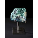 Mineral:Dioptase crystals on steel standNamibia22cm.; 8¾ins