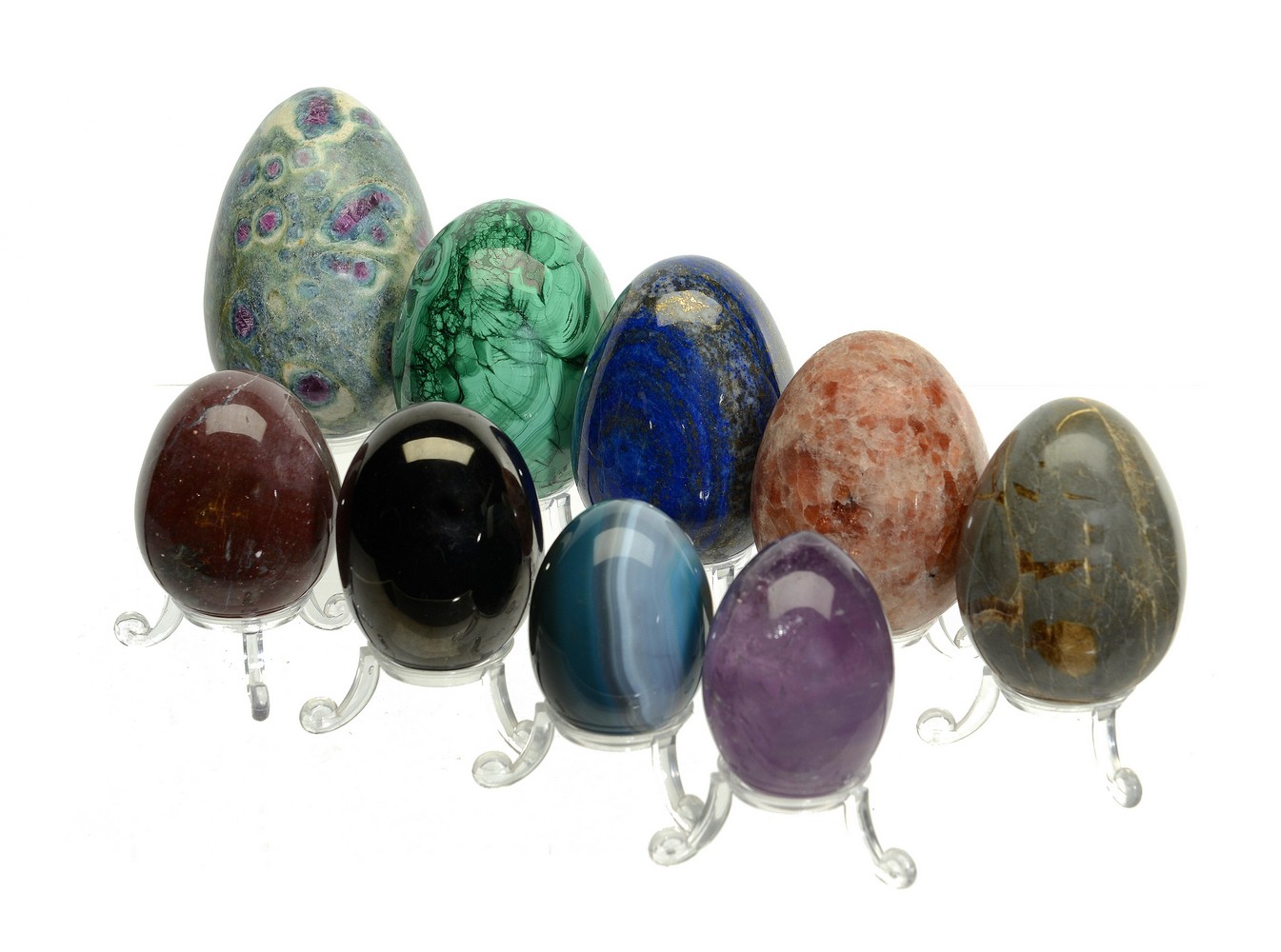 Mineral: A collection of semi precious stone eggsincluding Jet, Malachite, Amethyst, Sunstone,