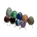 Mineral: A collection of semi precious stone eggsincluding Jet, Malachite, Amethyst, Sunstone,