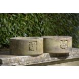 Garden Urns/Planters: † A pair of sandstone circular planters, modern, 60cm.; 24ins diameter