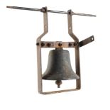 A bronze and iron mounted school bell with ringing mechanism in wooden framethe bell 18cm.; 7ins