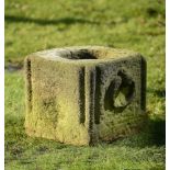 Garden Urns/Planters: An unusual carved limestone square mortar, initialled S and dated 1700, 37cm.;