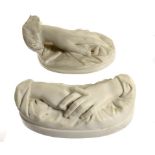 Marble Sculpture: Two carved white marble memento mori hands one monogrammed and signed Ambrosia,
