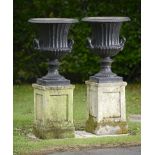 Planter: A pair of Handyside foundry cast iron urns 2nd half 19th century 76cm highAndrew