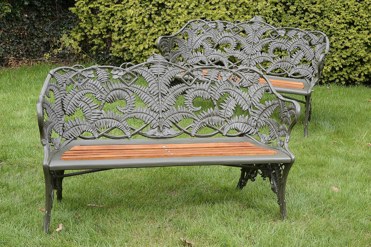 Garden Seat:A pair of rare Coalbrookdale Fern and Blackberry pattern cast iron seatsfully stamped