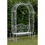 Garden Furniture: A wrought iron seat arbour,French, mid 20th century 234cm high by 160cm wide by