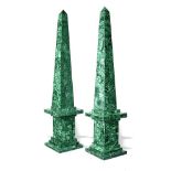 Minerals: A pair of malachite veneered obelisks on stands 81cm high