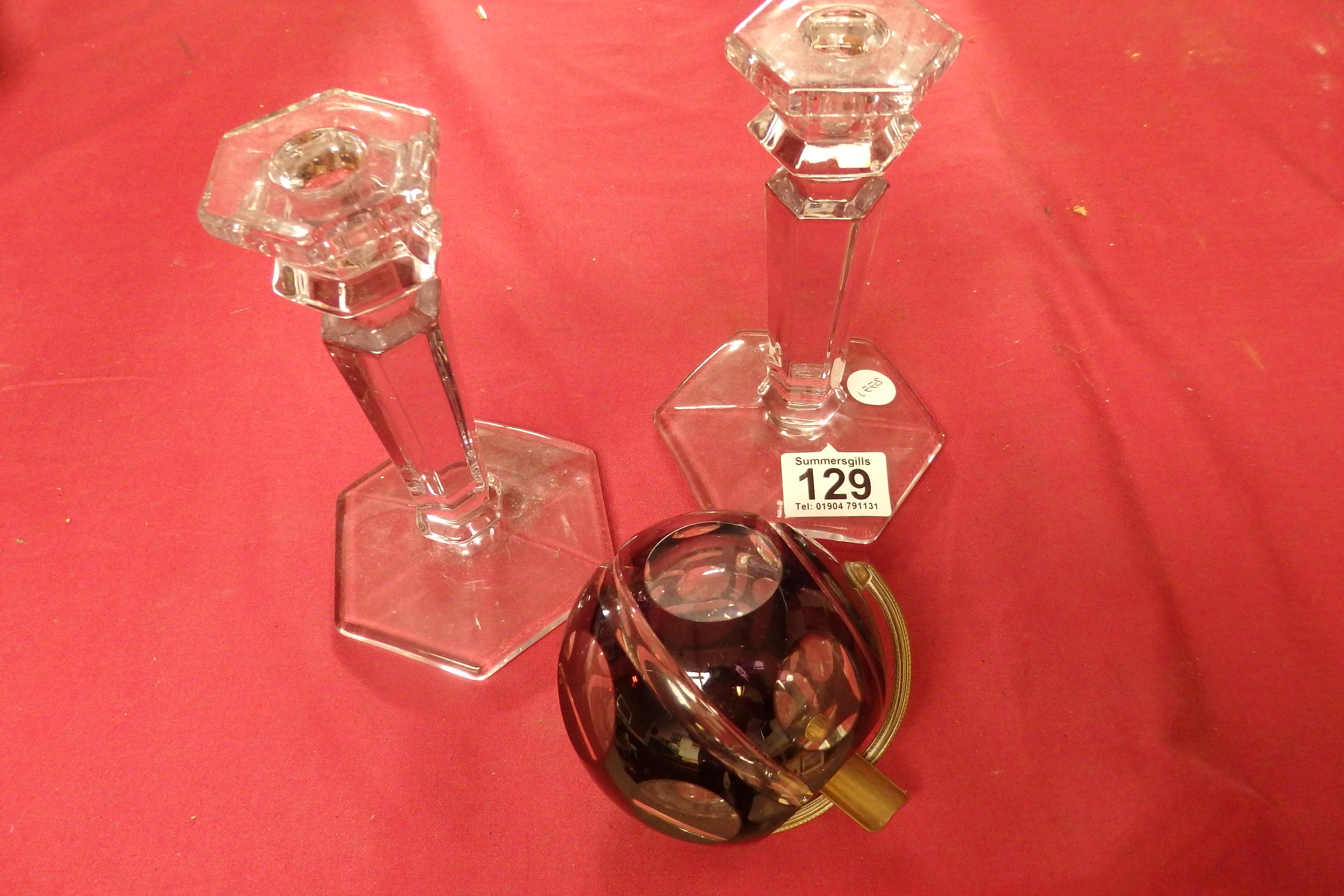 Pair of glass candlesticks and ash tray