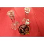 Pair of glass candlesticks and ash tray