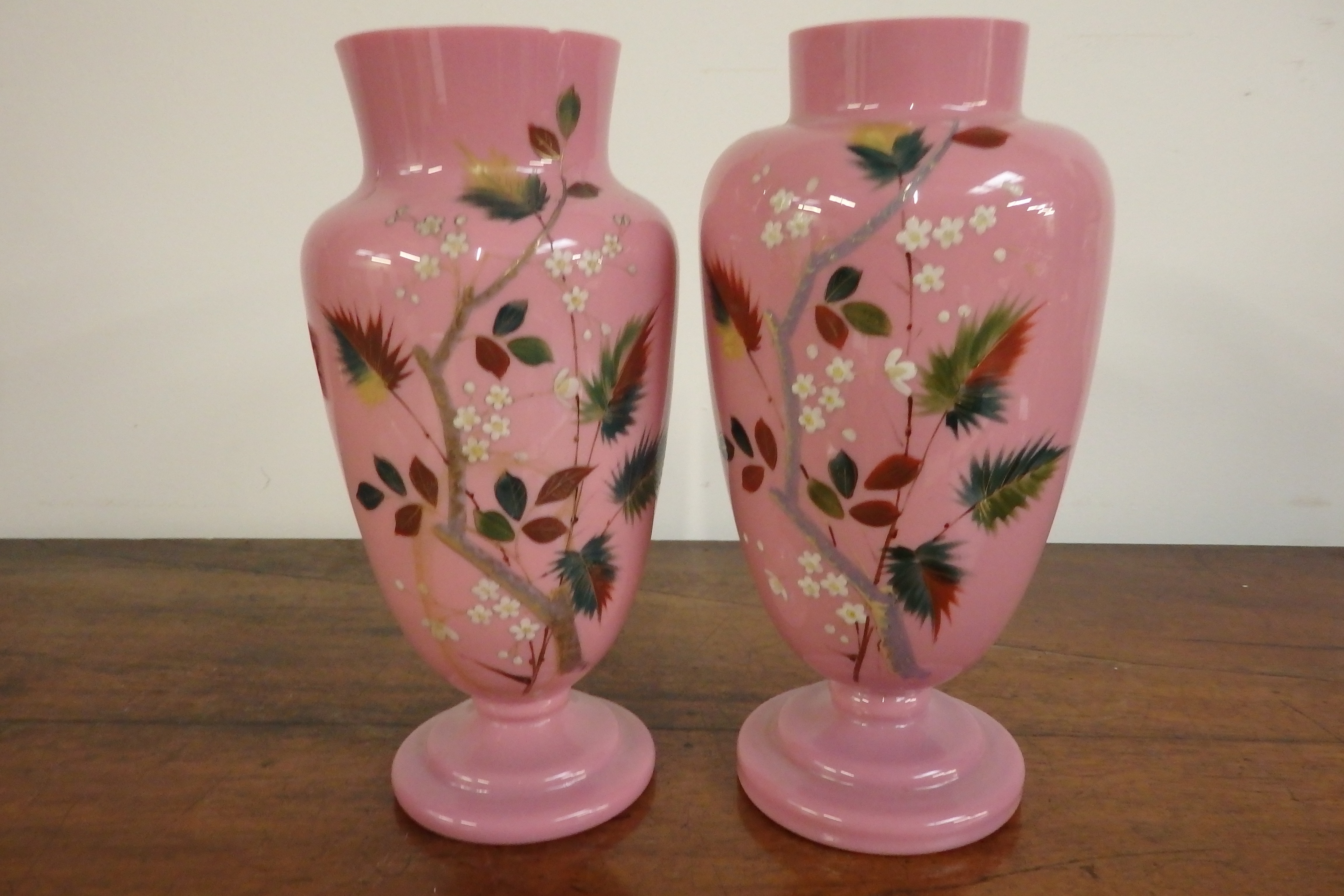 Pair of pink Victorian glass vases (damaged)