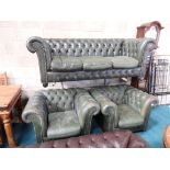 Green leather Chesterfield and 2 chairs