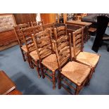 8 Rush seated oak dining chairs