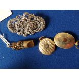 Marcasite brooch, cat whistle and lockets