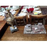 Marble desk set and brass ewer