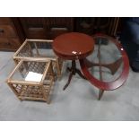 2 mahogany coffee tables and 2 wicker tables