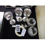 3 Silver egg cups 66g, babies rattle and pair of match holders