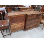 Victorian mahogany chest, oak cupboard and table