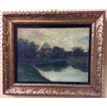 AN EARLY 20TH CENTURY OIL ON BOARD Landscape painting of a country cottage near a lake in the