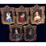 A COLLECTION OF FIVE 19TH CENTURY CONTINENTAL RECTANGULAR PORTRAIT MINIATURES ON PORCELAIN Hand