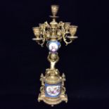 A 19TH CENTURY FRENCH PORCELAIN AND SPELTER ORMOLU FIVE BRANCH CANDLEABRA CIRCULAR SCONCES With