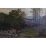 A LATE 19TH CENTURY OIL ON CANVAS Landscape, a water wheel by a babbling brook, indistinctly