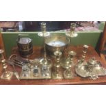A COLLECTION OF 19TH CENTURY AND LATER BRASS To include candlesticks, desk inkwells etc.