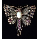 A VICTORIAN 14CT GOLD, DIAMOND, RUBY, SAPPHIRE, EMERALD AND OPAL BUTTERFLY BROOCH The central