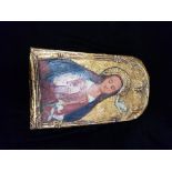 AN EARLY 20TH CENTURY CONTINENTAL SCHOOL ICON ON PANEL 'The Madonna'. (21.5cm x 38cm)