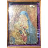 A 17TH/18TH CENTURY ICON ON PANEL Madonna and child, in later glazed case. (24cm x 33cm)