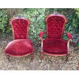 TWO 19TH CENTURY WALNUT CHAIRS One being an open armchair, both with carved back over red crushed