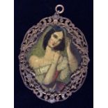 A 19TH CENTURY OVAL PORTRAIT MINIATURE ON TIN A young maiden adjusting headdress and wearing a red