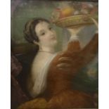 AFTER TITIAN, TIZIANO VECELLIOA, A LARGE 19TH CENTURY PASTEL Portrait of a lady holding a bowl